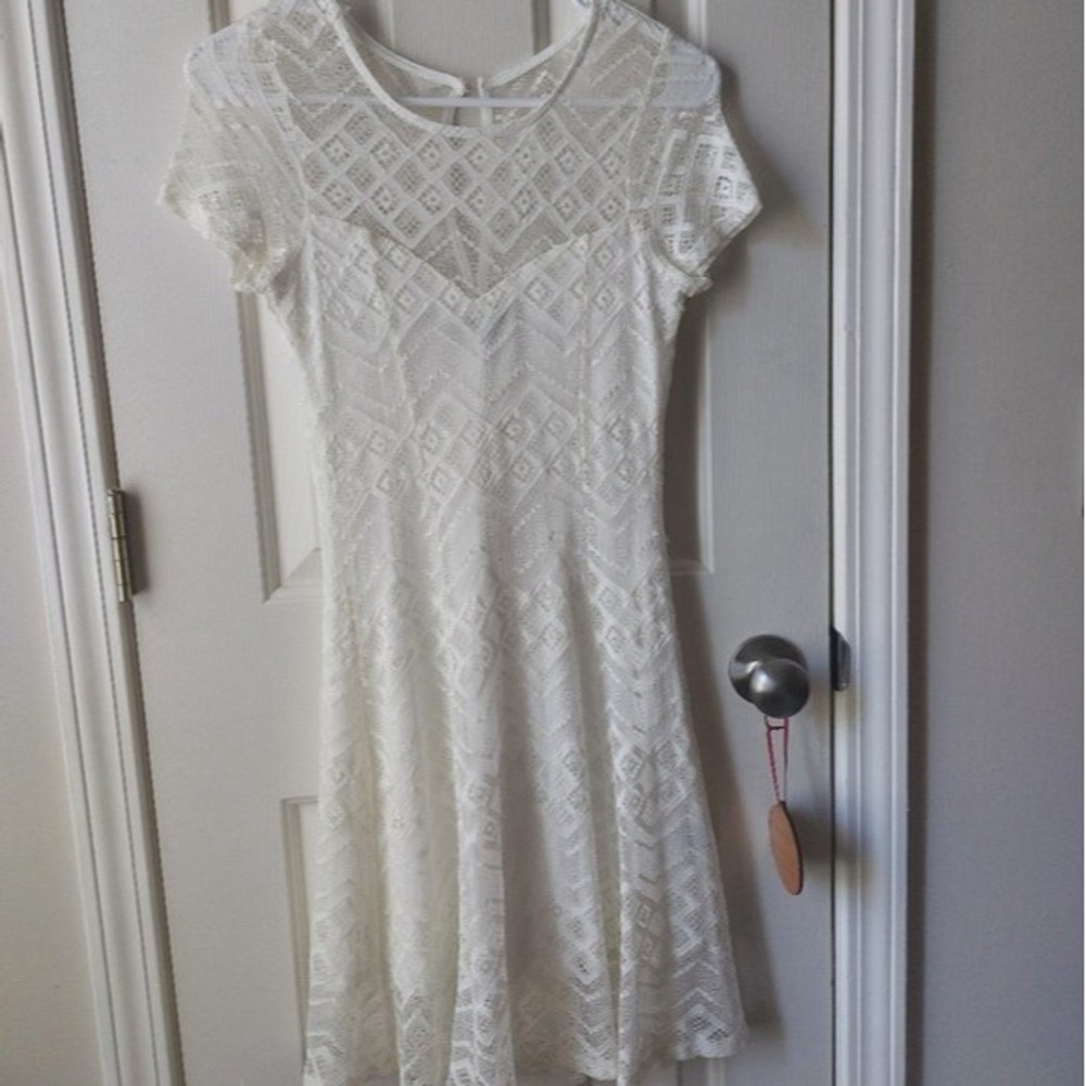 Three Pink Hearts - Ivory/White Lace Mini Dress